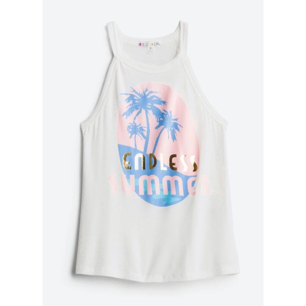 Love Glam Girl Endless Summer Palm Graphic Halter Tank Beach Top M